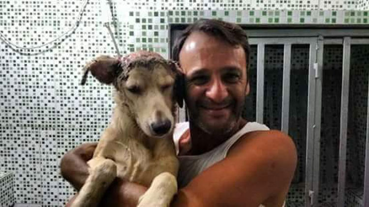 Él se quita su camisa, justo a tiempo para salvar la vida de un perro moribundo