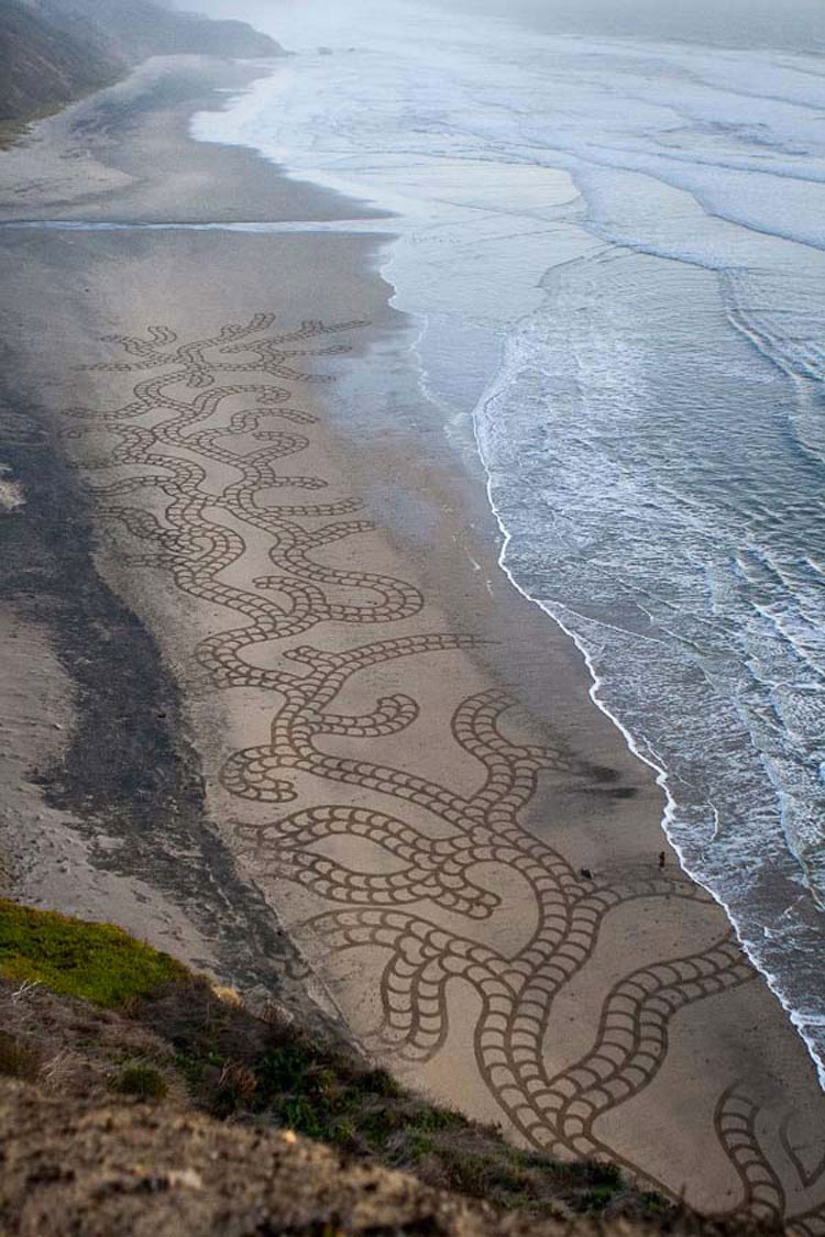 Un hombre hace algo con un simple rastrillo en la playa. Cuando nos alejamos para verlo... ¡WOOOW!