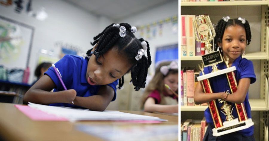 Esta niña de 7 años que nació sin manos gana una competición nacional de escritura a mano