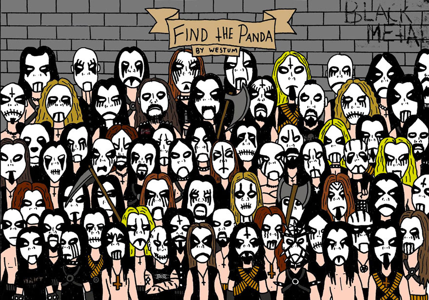 Encontrar un oso panda entre una multitud de fans del heavy metal es casi imposible. ¿Lo ves? 1