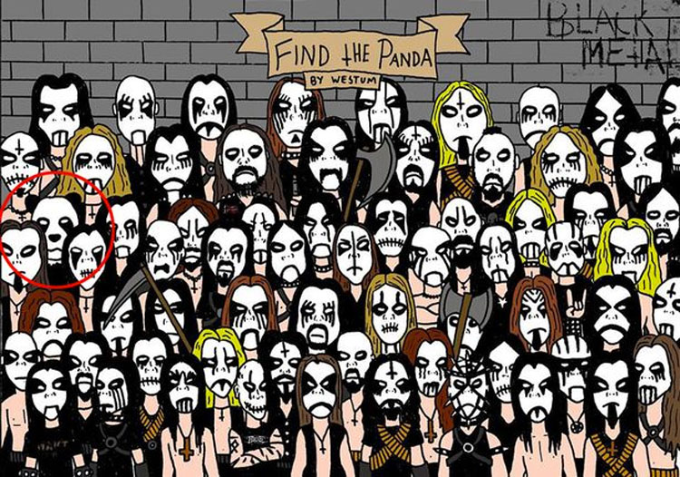 Encontrar un oso panda entre una multitud de fans del heavy metal es casi imposible. ¿Lo ves?