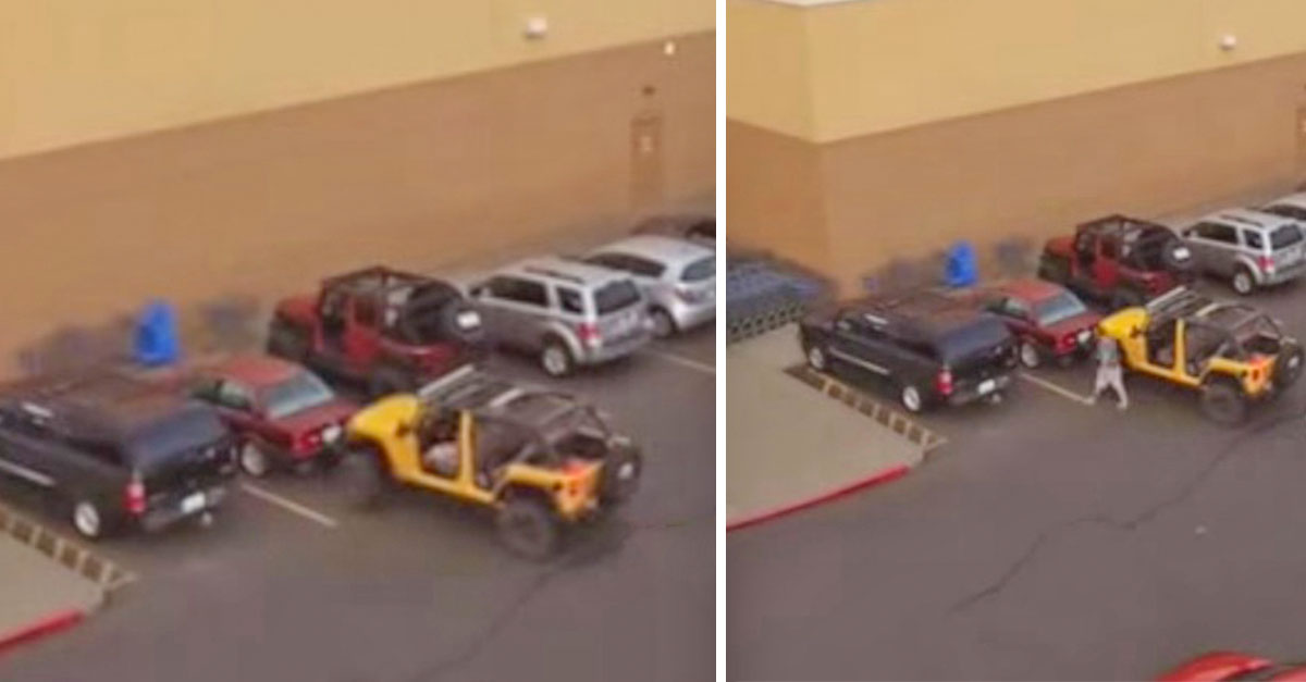 Las cámaras capturan un robo de aparcamiento, y el del Jeep se venga con mucha inteligencia
