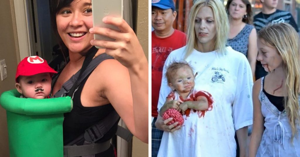 20 ideas geniales de disfraces para Halloween para padres con mochilas porta bebé 21
